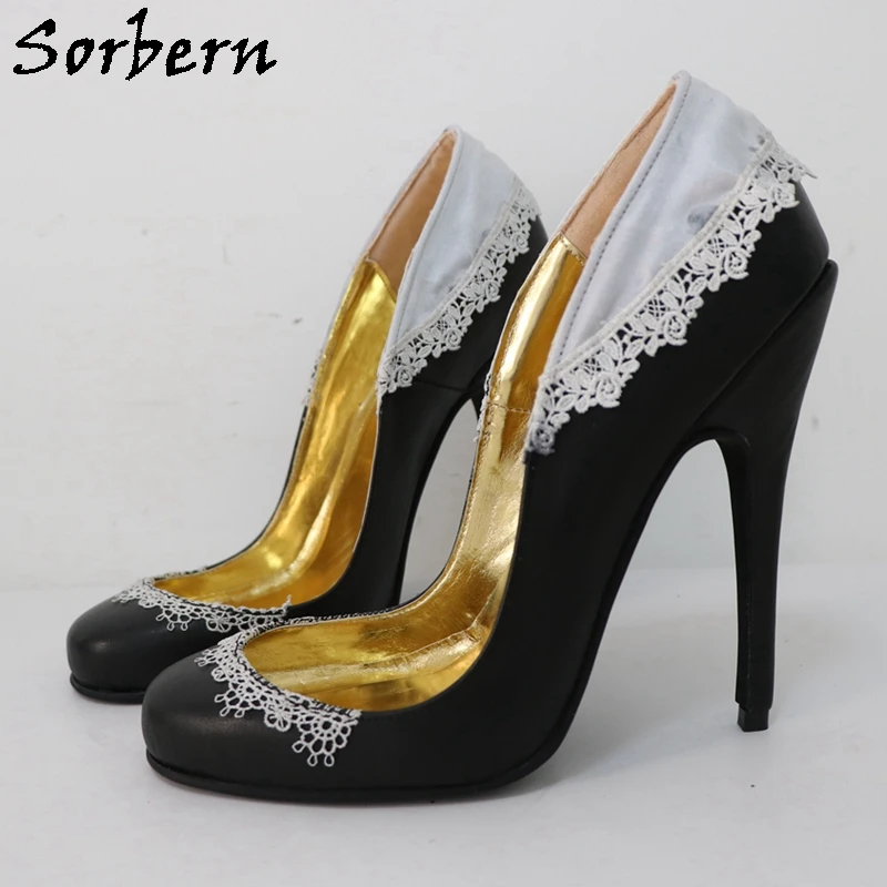 Sorber Vintage nero punta tonda donna décolleté pizzo raso Lolita tacchi alti 15Cm taglia Us12 tacchi a spillo Slip On scarpe Fetish Pump