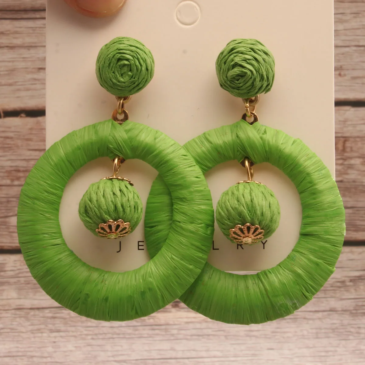 Boho Holiday Summer Beach Colorful Round Raffia Earrings Handmade Weave Wooden Dangle Drop  Earring 2024 Trend for Women