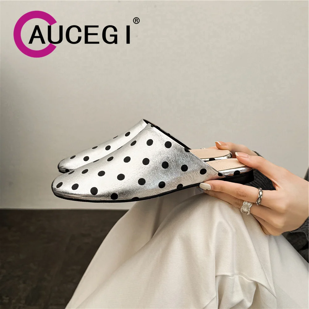 Aucegi New Hot Sale Half Slippers Women Polka Dot Genuine Leather Mules Round Toe Comfort Flat Heel Fashion Party Dress Shoes