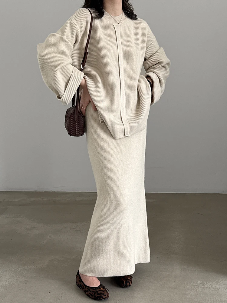 Camel Big Size Sweater Skirt Two Pieces Suit New Round Neck Long Sleeve Women Fashion Tide Spring Autumn