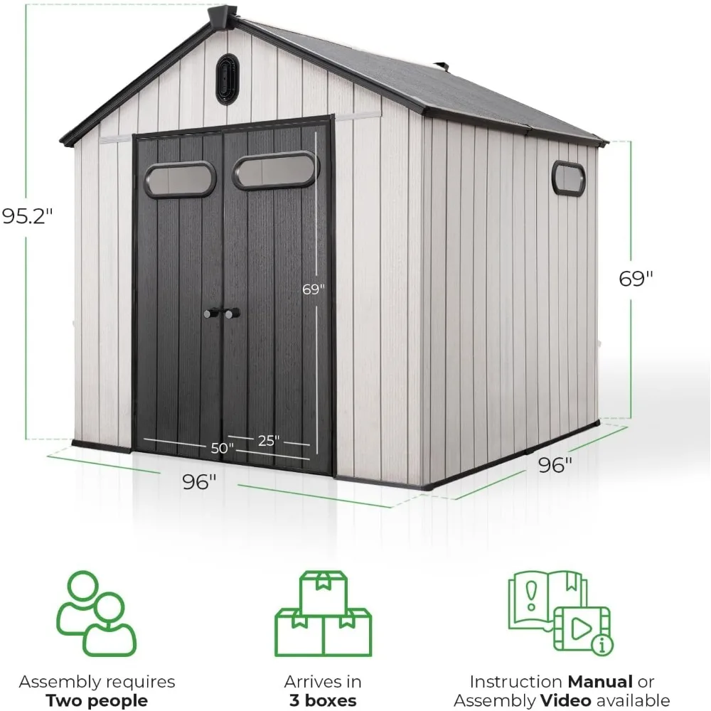 8x8 Ft Outdoor Storage Shed with Floor - Waterproof Shed with Lockable Door for Garden - Backyard, Tool StorageUse - Grey