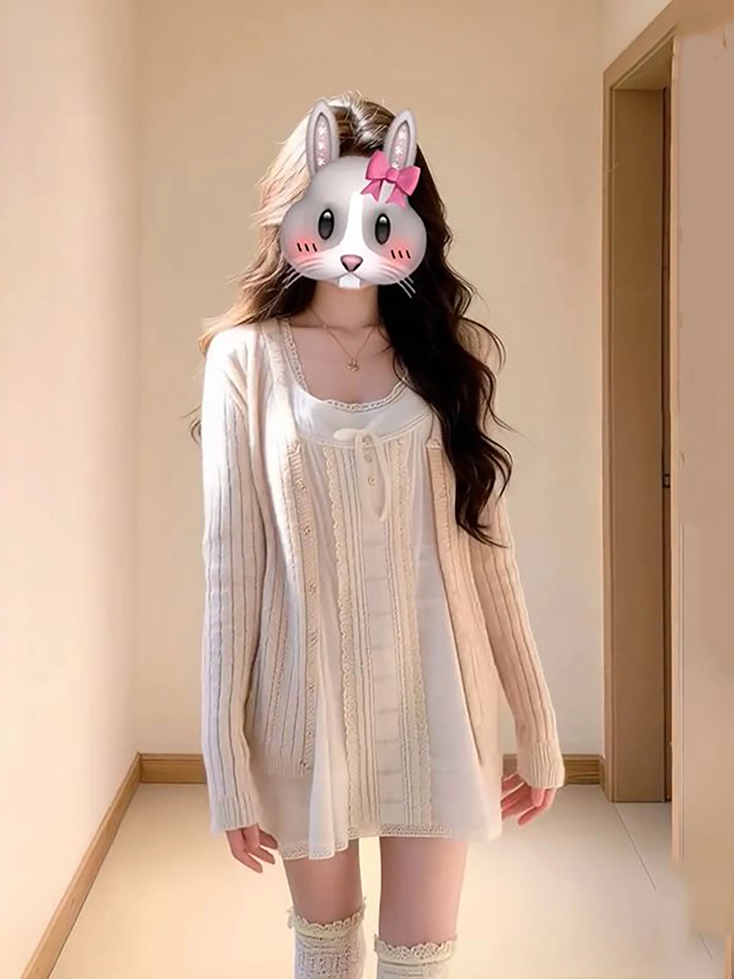 

Sweet Knitted Sweater Cardigan Lace Trim Dress Two-Piece Set Elegant Gentle Style Layering Spring Autumn Casual Wear