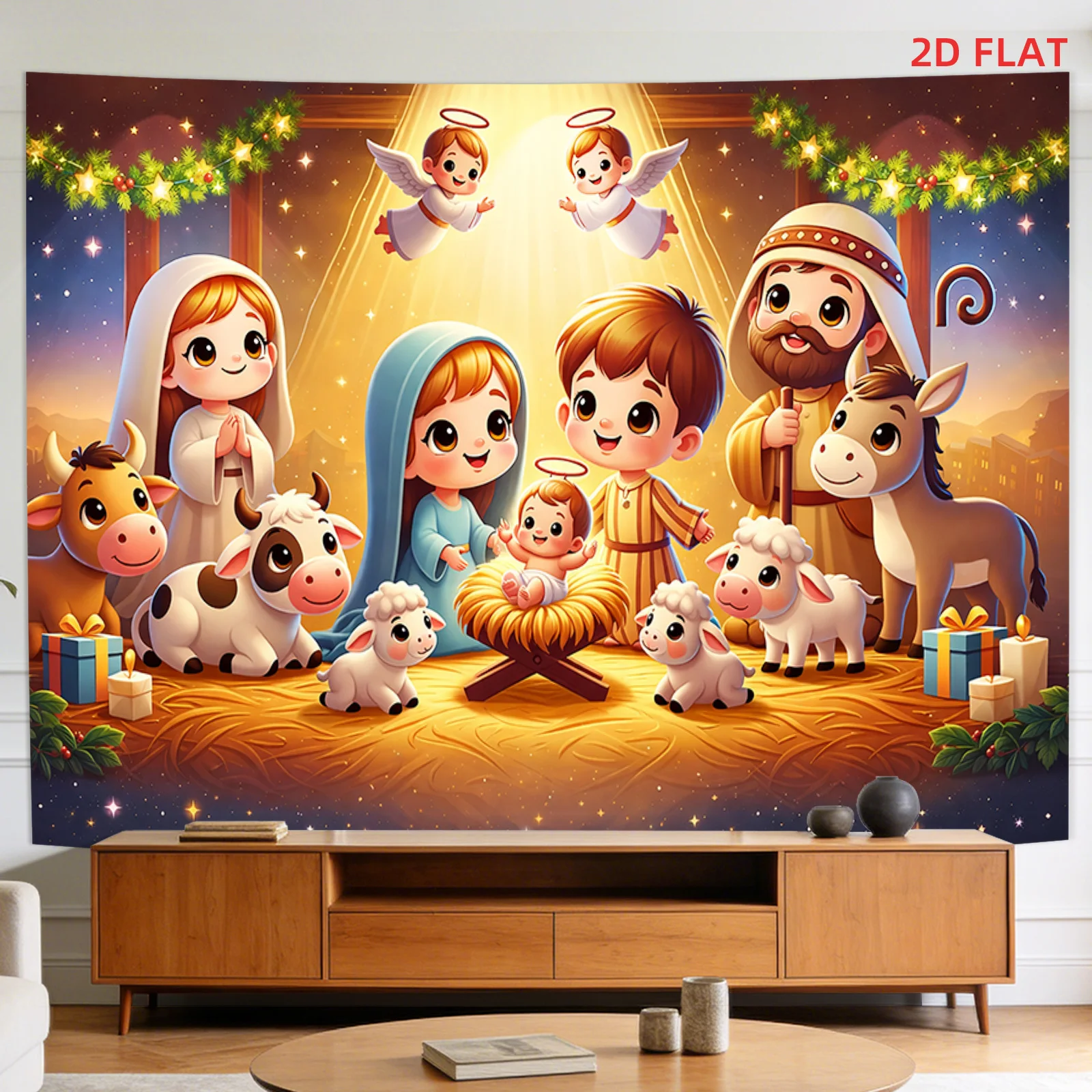 Christmas Nativity Tapestry, Holy Family Wall Hanging, Cute Baby Jesus Decor, Religious Xmas Backdrop, Manger Scene Poster
