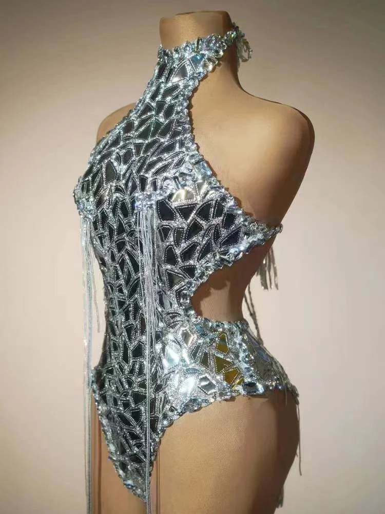 Sexy Silver Mirror Sequin Hanging Neck LeakingBack Bodysuit+Hat Two Piece Outfits Dance Team Singer Stage Bar Nightclub Costume