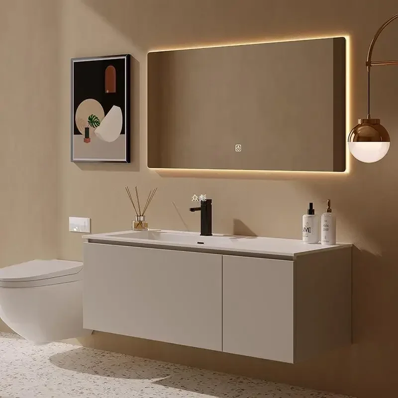 Modern Bathroom Vanity with Nano Slate Basin Combination Smart Mirror Cabinet Lacquered Slate Seamless Integrated Sink Furniture