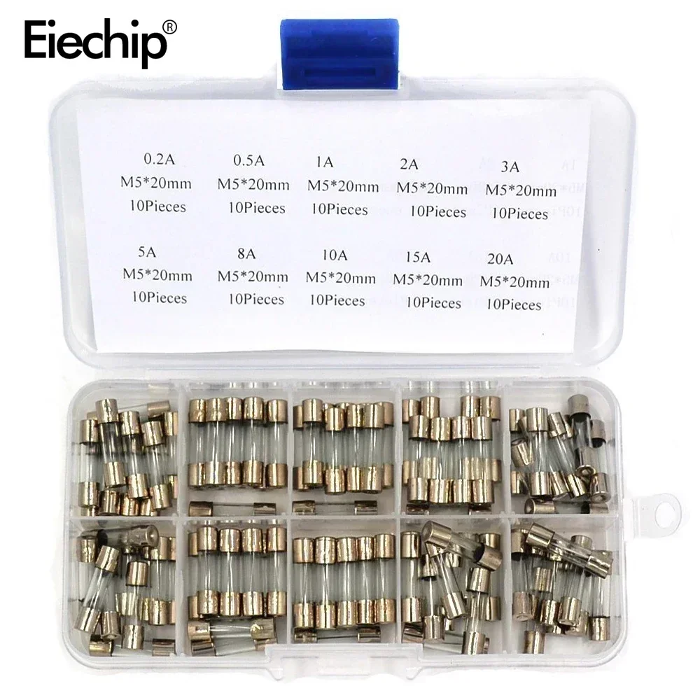 100pcs/box 5x20mm Fast-blow Glass Fuse Assorted Kit 0.2 0.25 0.3 0.5 0.75 1 2 3 4 5 6 8 10 15 20A  Electrical Fuse Tube Mix Set