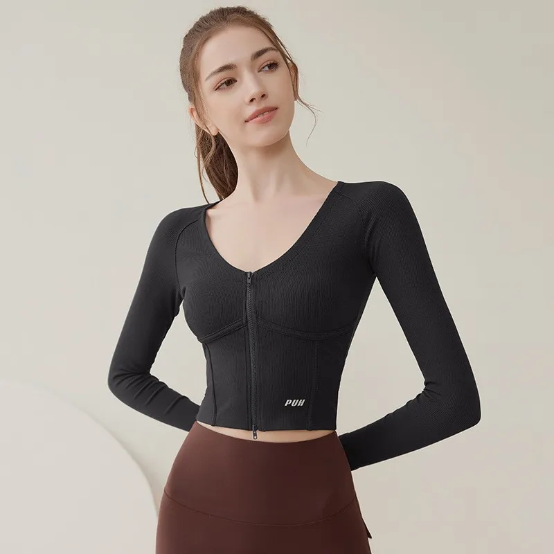 Double Zipper Sexy V-neck Sports Top Women\'s Slimming Yoga Suit Shirts Long Sleeved Elastic Quick Drying Slim Fit Pilates Top