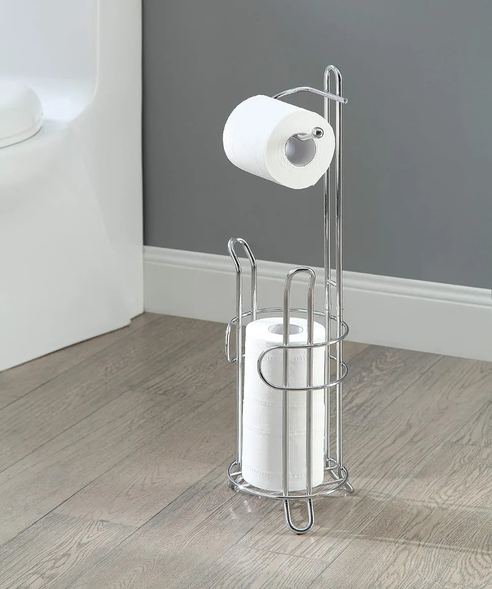 Freestanding Toilet Paper Holder with Storage – Holds 4 Rolls, Heavy-Duty Steel, Chrome Finish, Easy Assembly, Space-Saving Bathroom Organizer