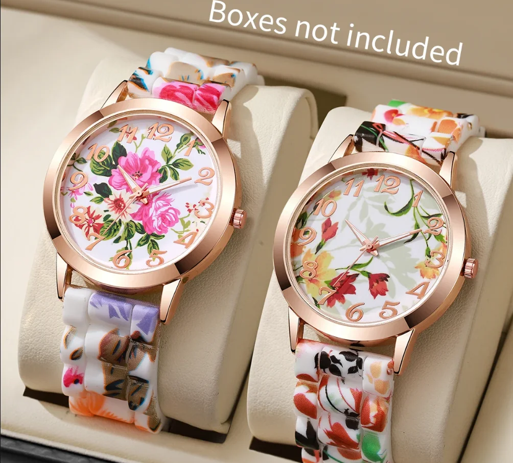 2025 New Fashion Flowers Printed Women Watches Casual Silicone Band Female Quartz Watch Relogio Feminino（Without Box）