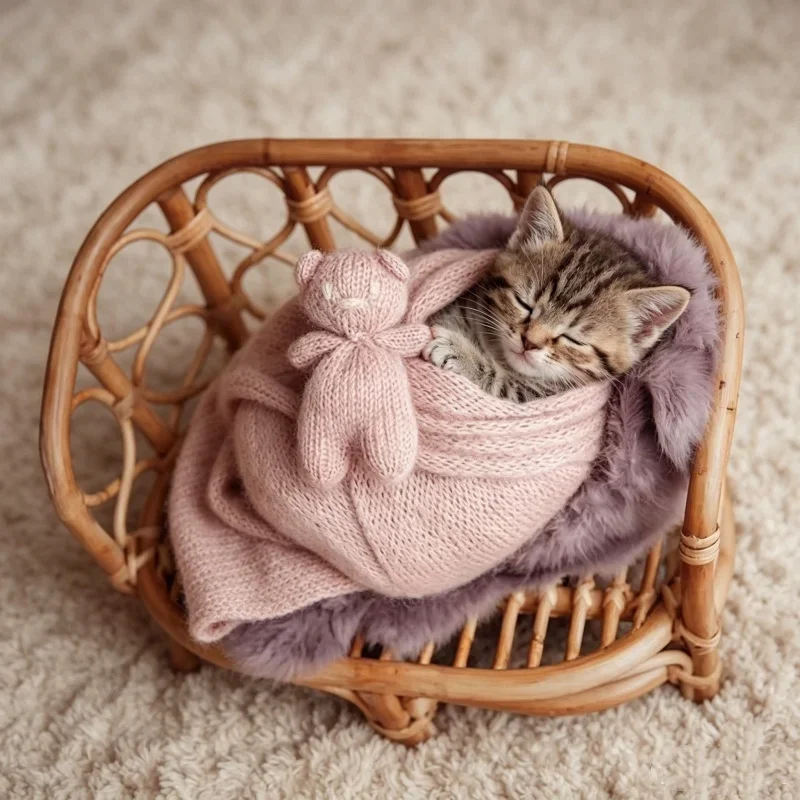 

Natural Rattan Cat Chair Bed Handwoven Cat Photography Prop Wicker Pet Seat for Indoor Cats Mini Photo Shoot Chair for Kittens