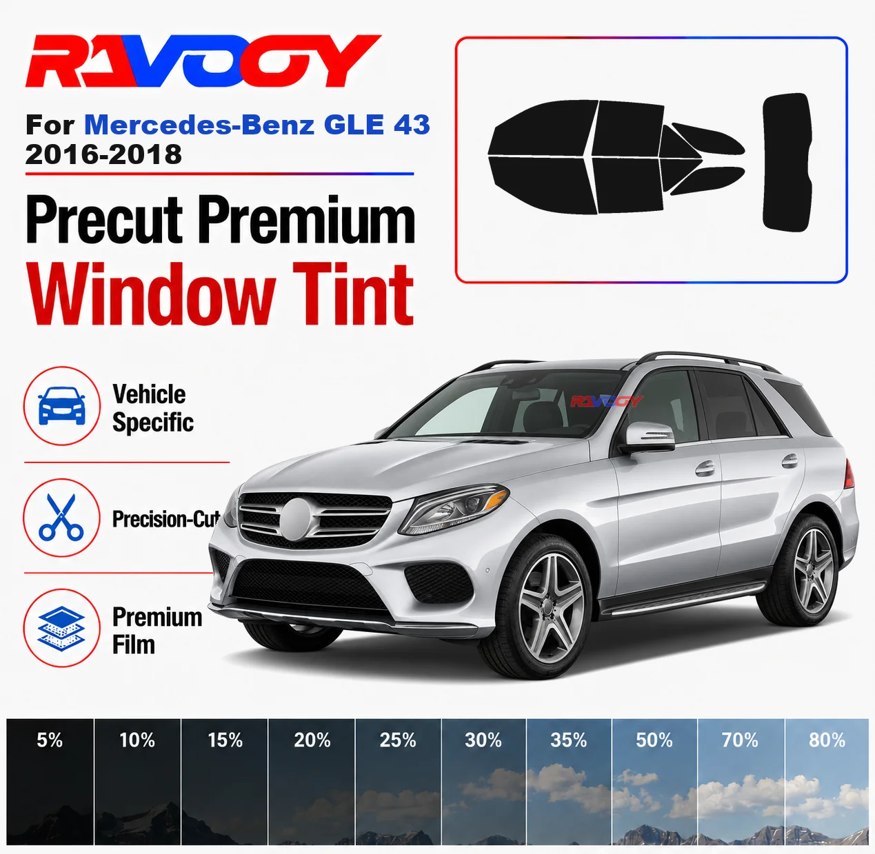 Premium Precut Window Tint Kit Front Rear Windows Rear Windshield For Mercedes-Benz GLE 43 2016-2018 Car Solar Nano Ceramic Film