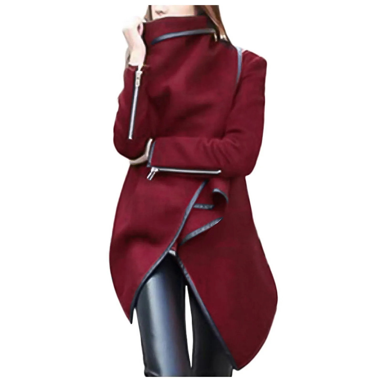 

Women Autumn Solid Color Irregular Bow Zippers Long Sleeve Long Warm Coat Wool Black Jacket Windbreaker Tops Veste Femme