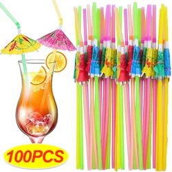 10-100pcs Tropical Umbrella Straws Mix Color Disposable Plastic Drinking Straw For Cocktail Juice Hawaii Beach Party Decoration