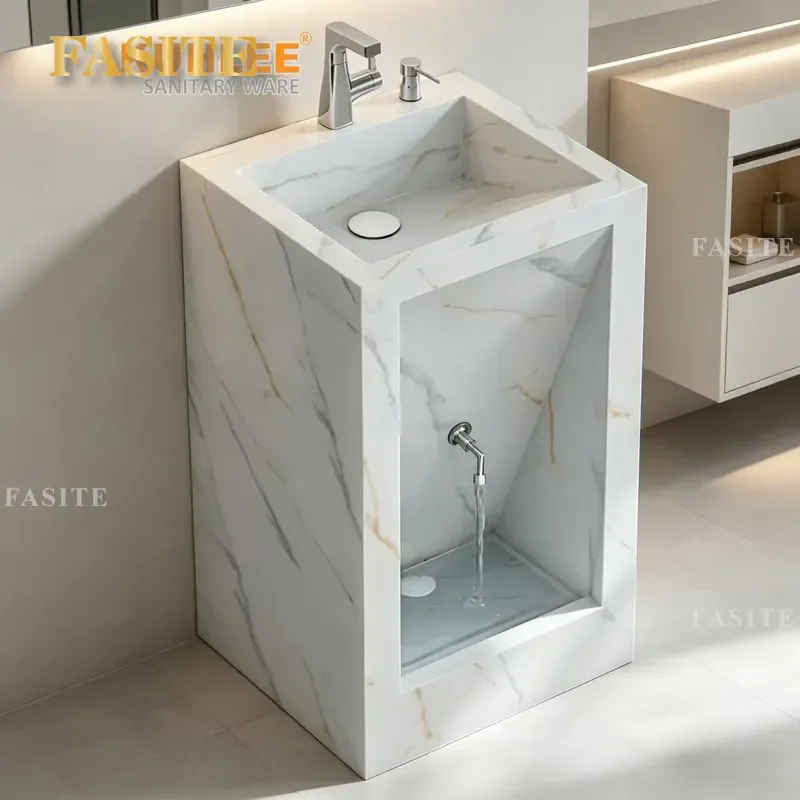 For Modern Luxury Freestanding Pedestal Sink Slab Bathroom Wash Basin With Wudu Foot Wash Design Durable Ceramic Vanity