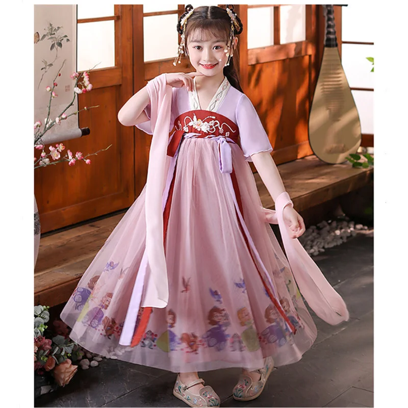 

Dress Girl Chiffon Children'S Hanfu Summer Clothes Chinese Style Princess Tang Suit V-Neck Short Sleeve Print Embroidery Costume