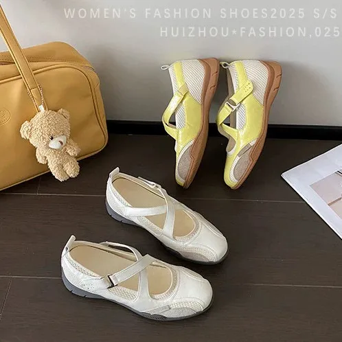 white Women's Flat Mary Jane Shoes Non-slip Lace-up Loafers for Women Large Size 2025 Summer New Female Ballet Training Shoes - view 6