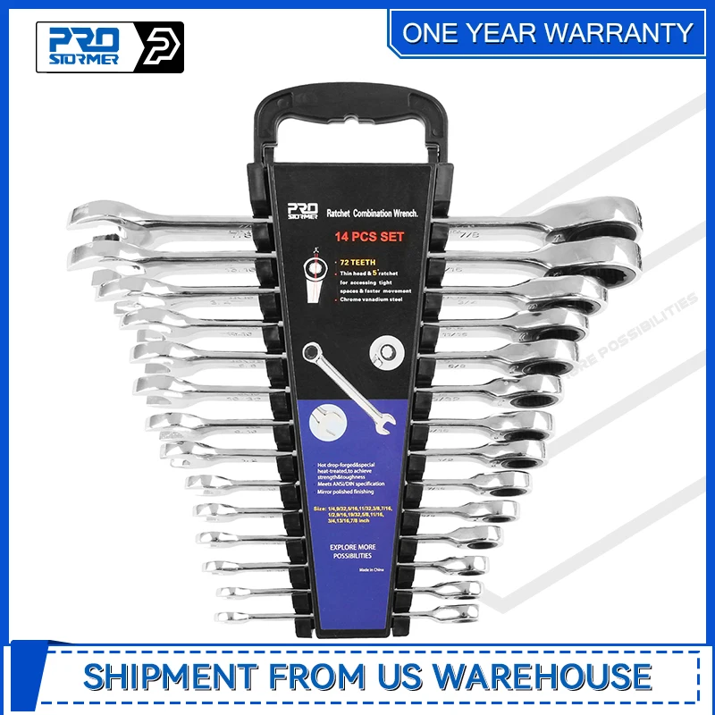 14-Piece Ratcheting Wrench Set SAE 1/4”-7/8” Chrome Vanadium Steel Combination Wrench set with Wrench Rack By Prostormer