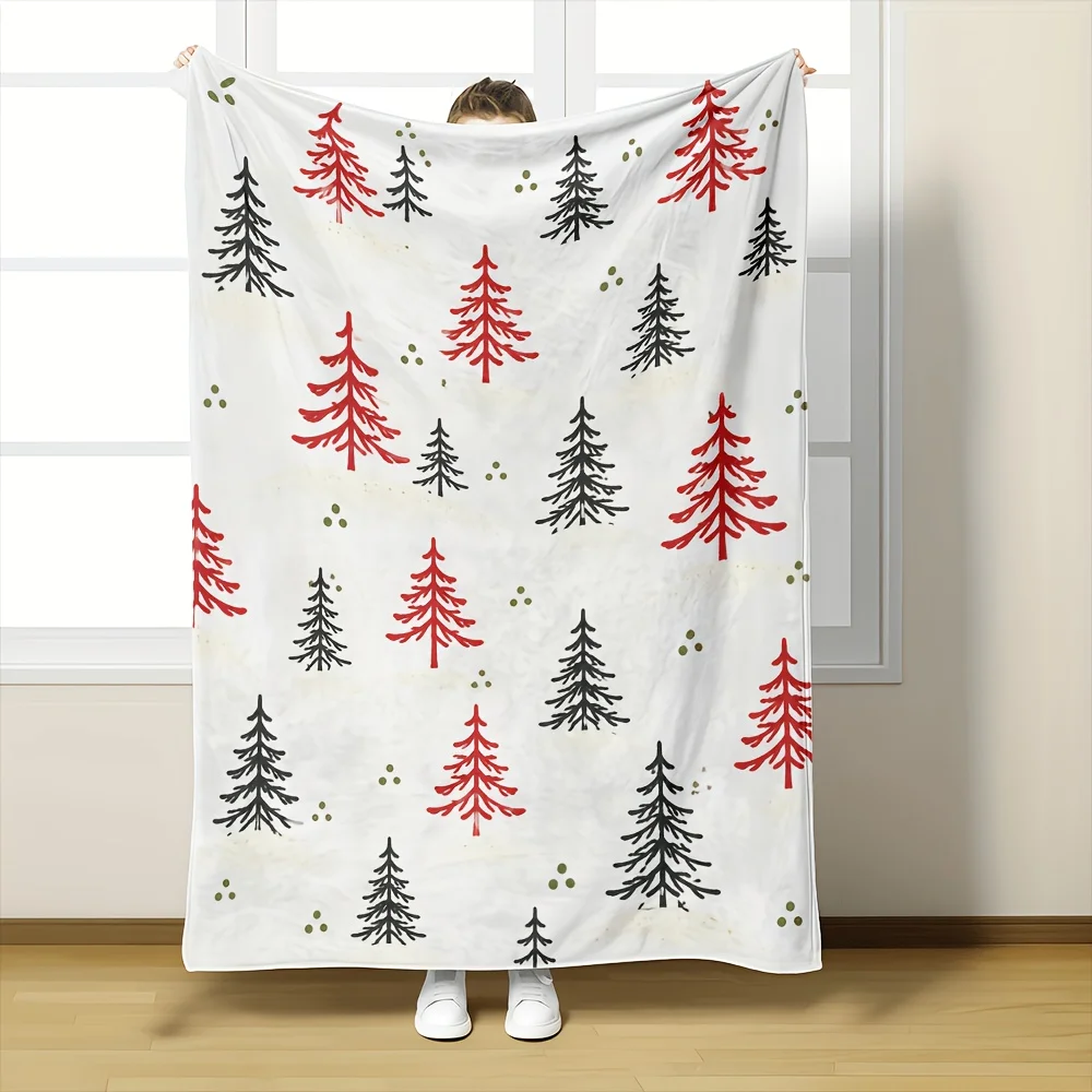 1pc Red Black Christmas Tree Flannel Blanket, Premium Ultra Soft Warm & Cozy, All-Season Versatile, 280GSM Heavy, Machine Washable, for Bedroom, Sofa, Bedding, Office Nap, Dorm & Car, Winter Throw, Ideal Christmas Gift