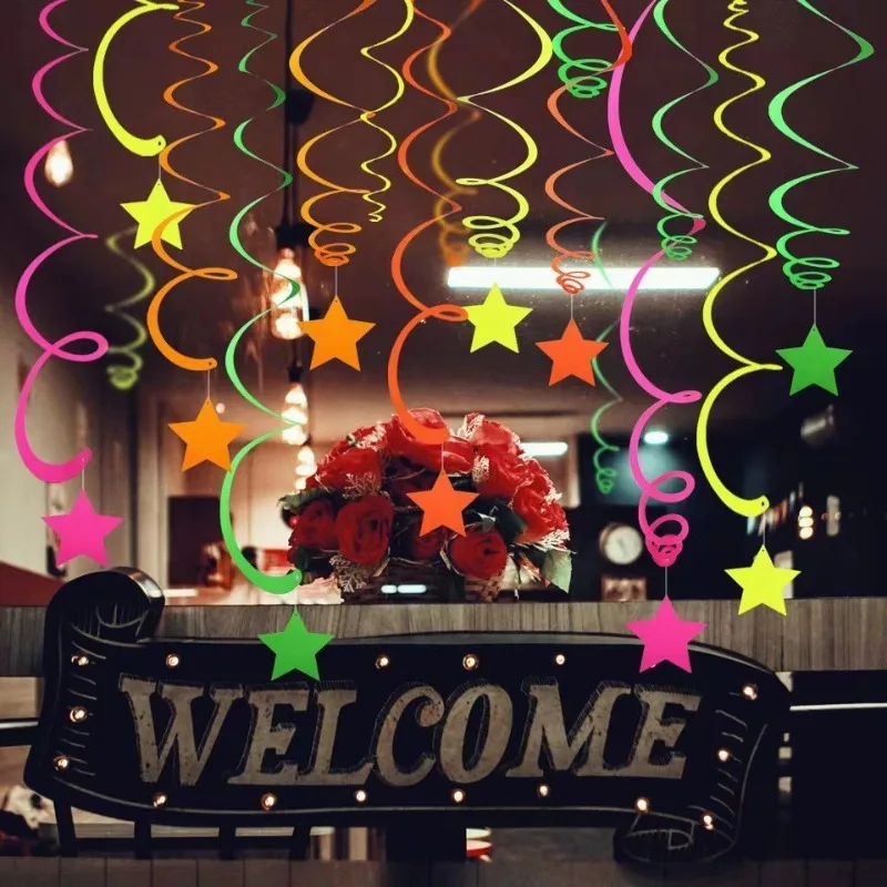 20pcs Luminous Party Decor Hanging Swirl Neon Streamers Garland Ceiling Decor Glow in The Dark Neon Black Light Party Supplies - Detail 1