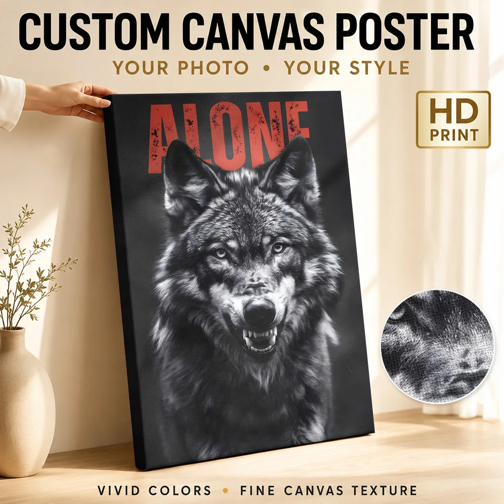 Black and white alone wolf Framed Canvas Poster Customized Funny Animal Canvas Wall Art for Bathroom Decor Gift for Collectors