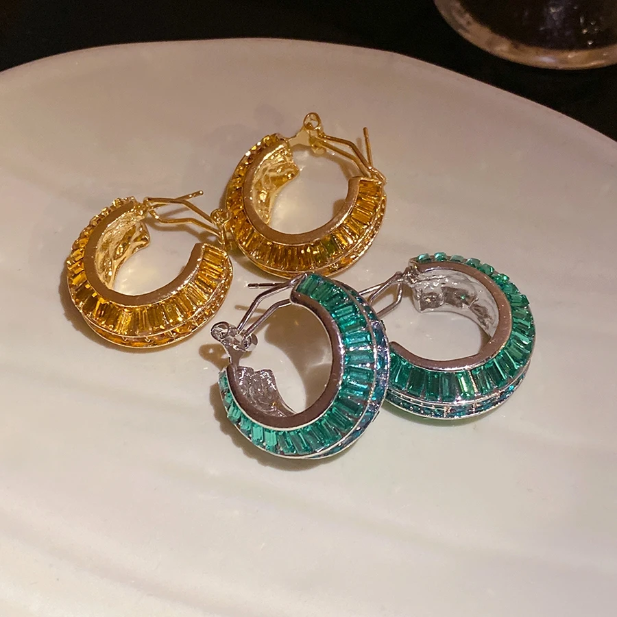 Light Luxury Emerald & Citrine Color Crystal Hoop Earrings With Baguette & Round Cut Elegant Daily For Dating Commute
