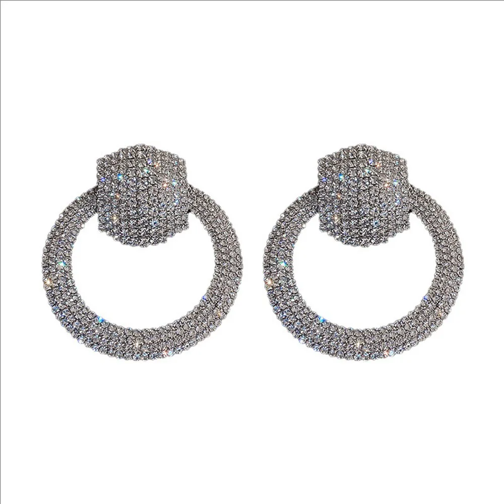 أقراط نحاسية دائرية مرصعة بالكريستال بإبرة فضية مجوهرات عصرية أنيقة للنساء