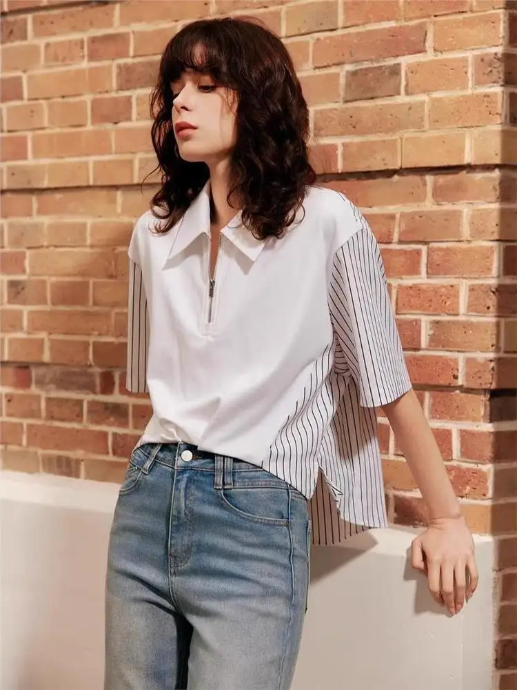 Summer Women's Loose Striped  Shirt 26 Lines Belly Covering Irregular French Style Polyester Fiber Five Sleeve Length