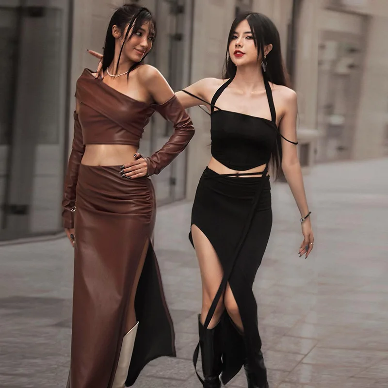 Leather Brown Prom Dress Sexy One Shoulder Top Detachable Full Sleeves Side Split Party Gown Hot Girl Streetwear Skirt Robes