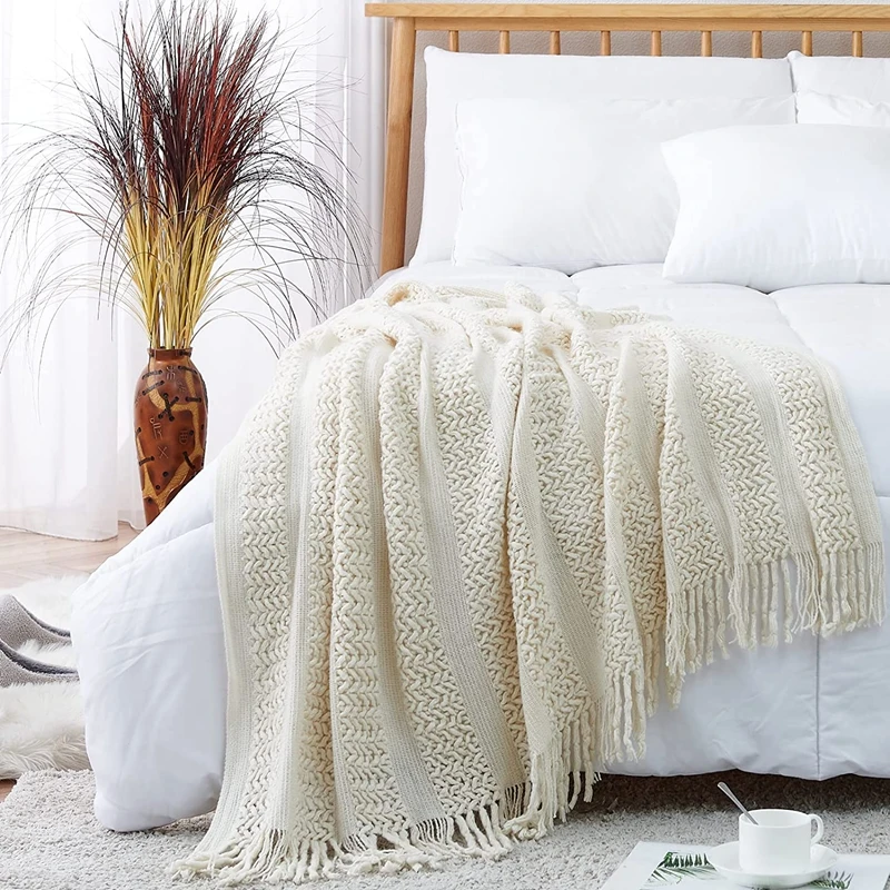 Vintage Cream White Blanket with Tassels Lightweight Knitted Plaid Bohemian Cozy Farmhouse Style Throw Blanket Gift Idea