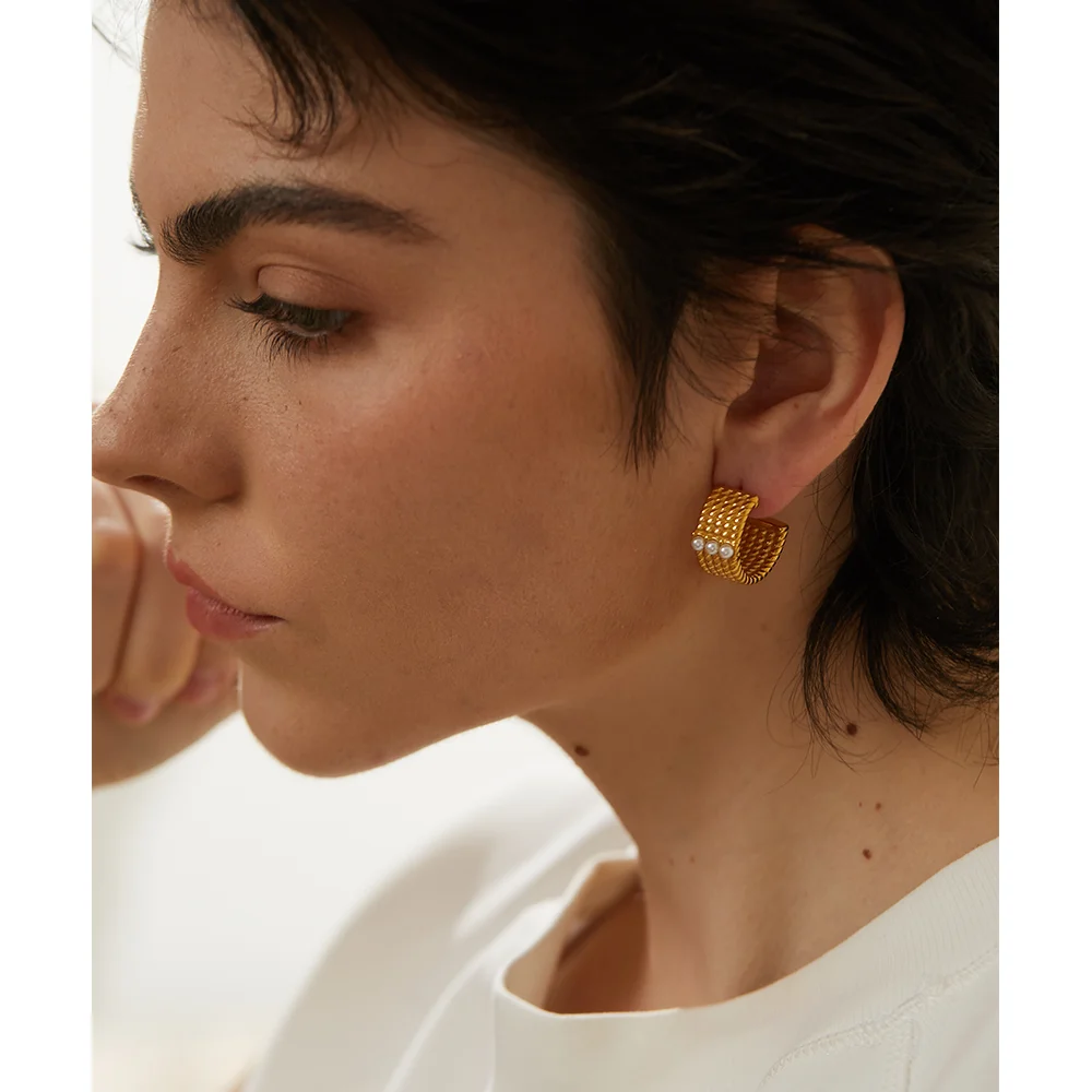 Yhpup Stainless Steel C Shape Geometric Imitation Pearls Wide Hoop Earrings Gold Color Charm Trendy Fashion Quality Jewelry New