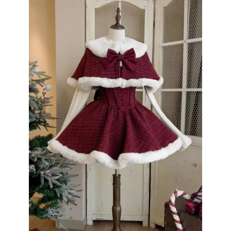 Christmas New Year 3 Piece Set Sweet Lolita Style Dress Sets Womens Elegant Chic Bow Plush Shawl Short Jackets Mini Skirts Suit