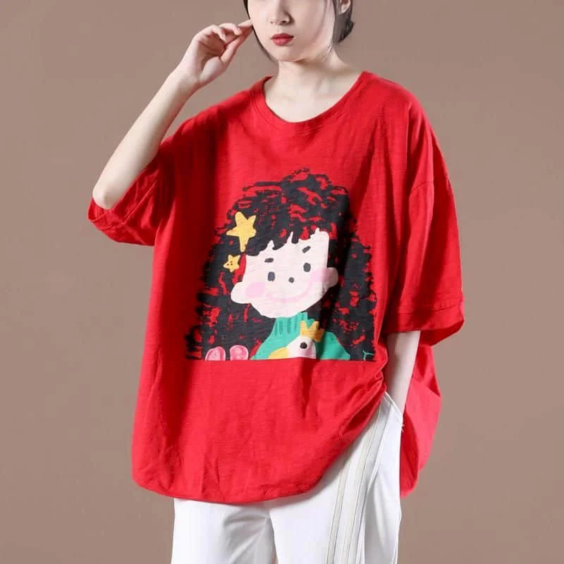 

Printed T-shirts for Women Summer Vintage O-neck Half Sleeve Tees Loose Casual Pullovers Korean Style Oversized Women Clothing