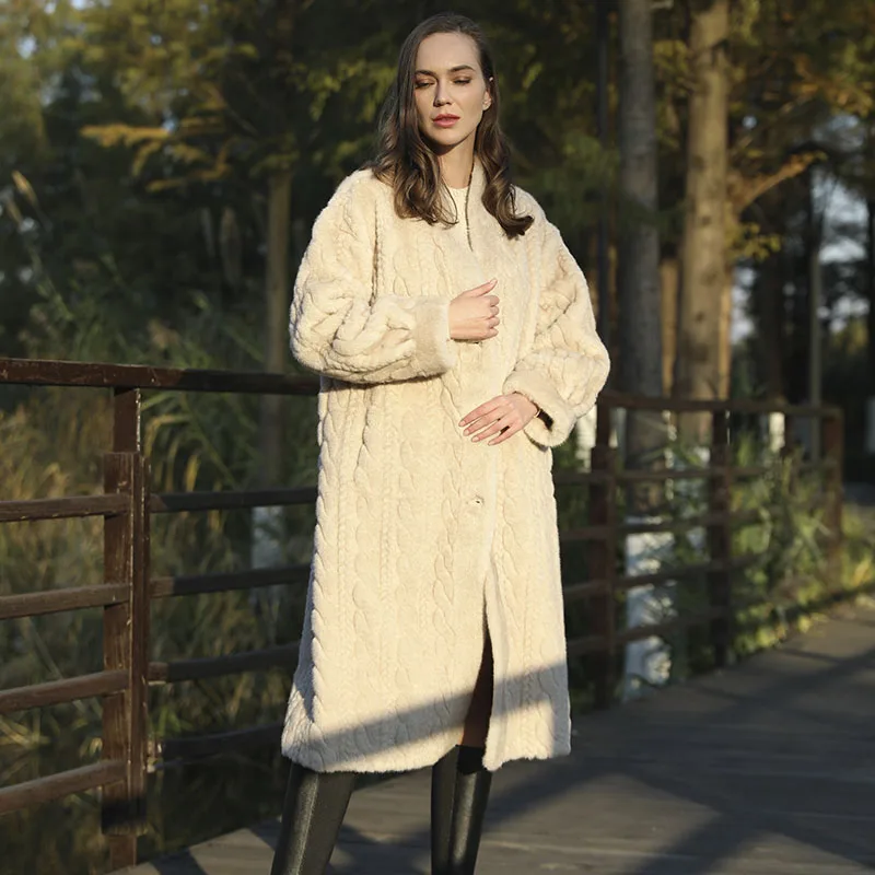 Zimowy Długi Vintage Elegancki Luksusowy Szykowny Gruby Ciepły Miękki Brązowy Skręty Tkactwo Faux Mink Fur Coat Kobiety V Szyja Futrzany Płaszcz