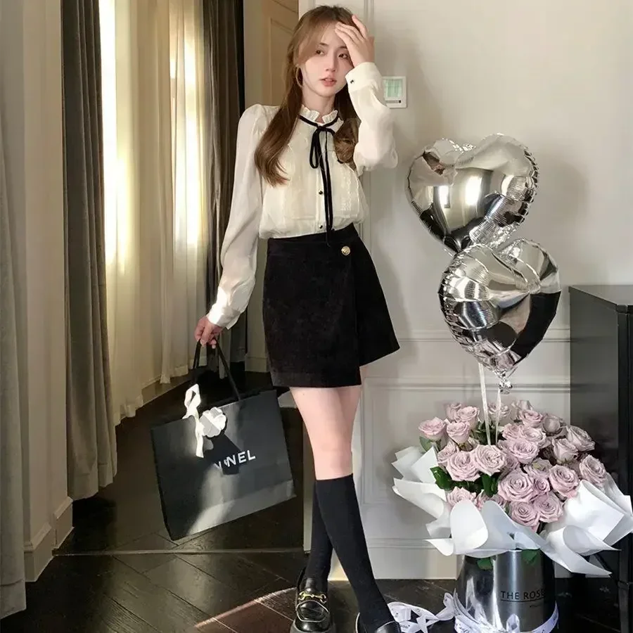 

Женские шифоновые блузки в весенне-осеннем стиле, рубашки, женские повседневные однотонные блузки с длинным рукавом и воротником-бабочкой, 2024, женские S35