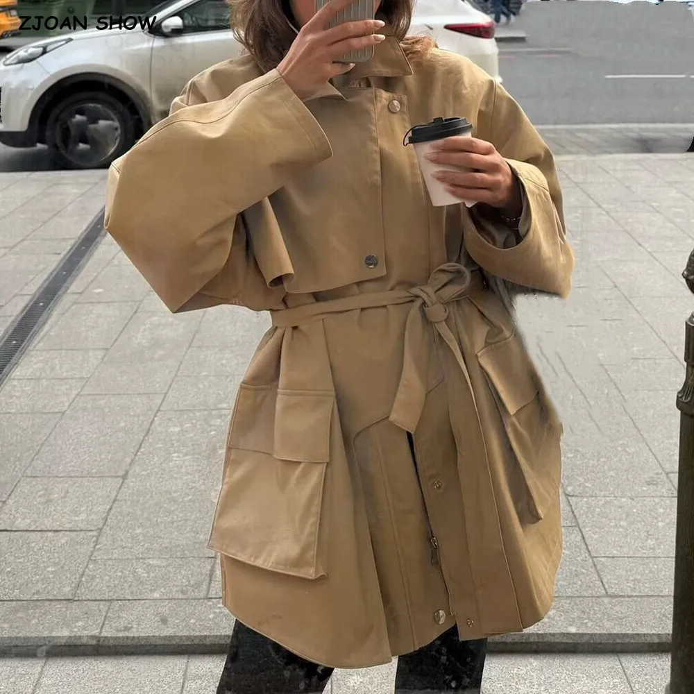 

New 2025 Autumn Women Khaki Lapel Safari Coat Zip up Front 2 Pockets Midi Long Jacket Tie Bow Sashes Loose Outerwear