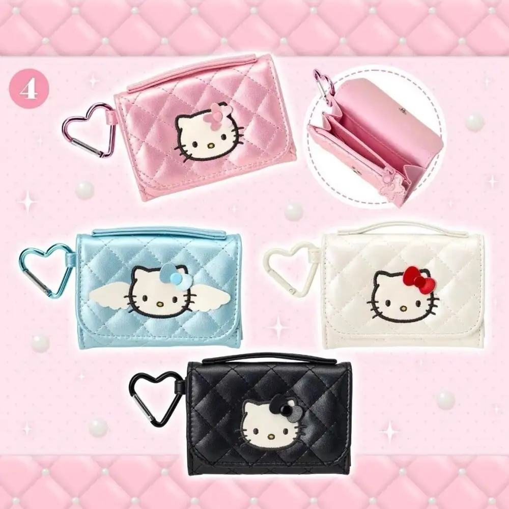 Monedero de Hello Kitty con bordado de Sanrio, diseño de cuadrícula de diamantes y flores, adornos colgantes para mochila, almacenamiento para lápiz labial y tarjeta de autobús, regalo para amigos