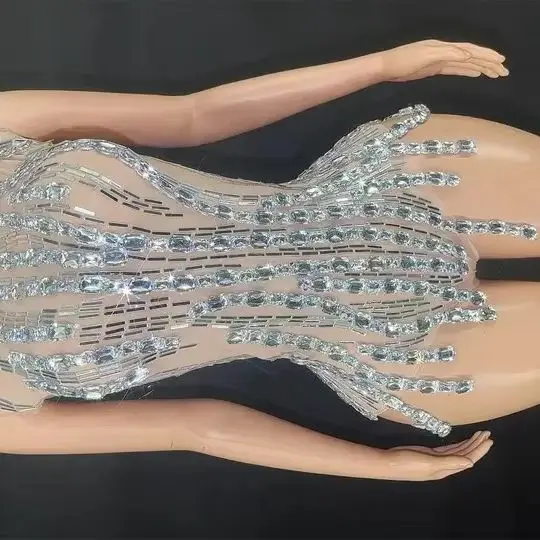 

Women Sexy Transparent Sleeveless Nightclub Team Performance Costume Show Stage Wear Sparkly Rhinestone chain Bodysuit