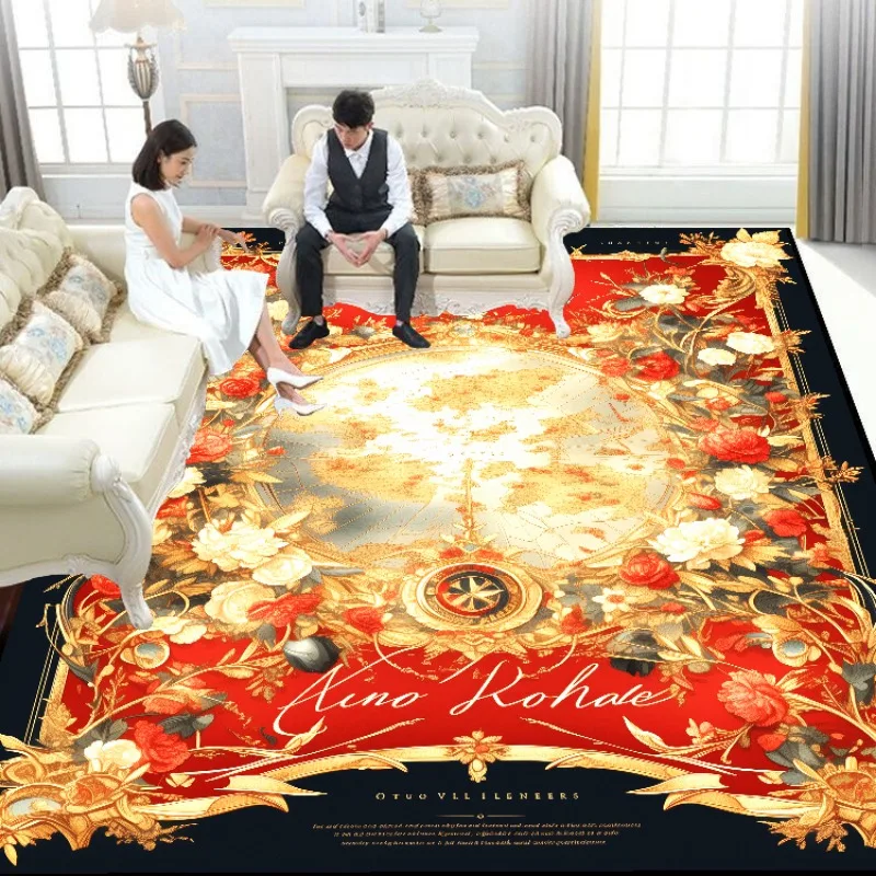 Luxury European Living Room Decoration Carpets Red Golden Bedroom Bedside Decor Rug Sofa Table Beside Rugs Washable Floor Mat