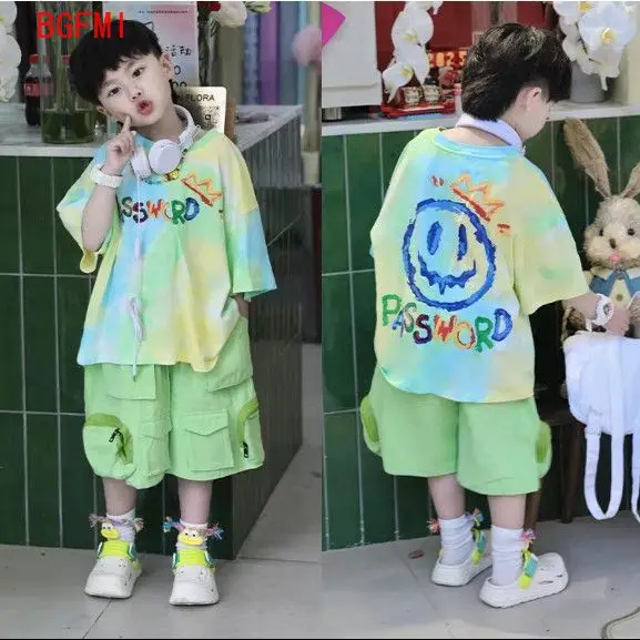 2-12Y Boys Cotton Summer Top and Shorts Set 2026 Korean New Green Tie-dye Fashionable Versatile Top Children's Cargo Shorts