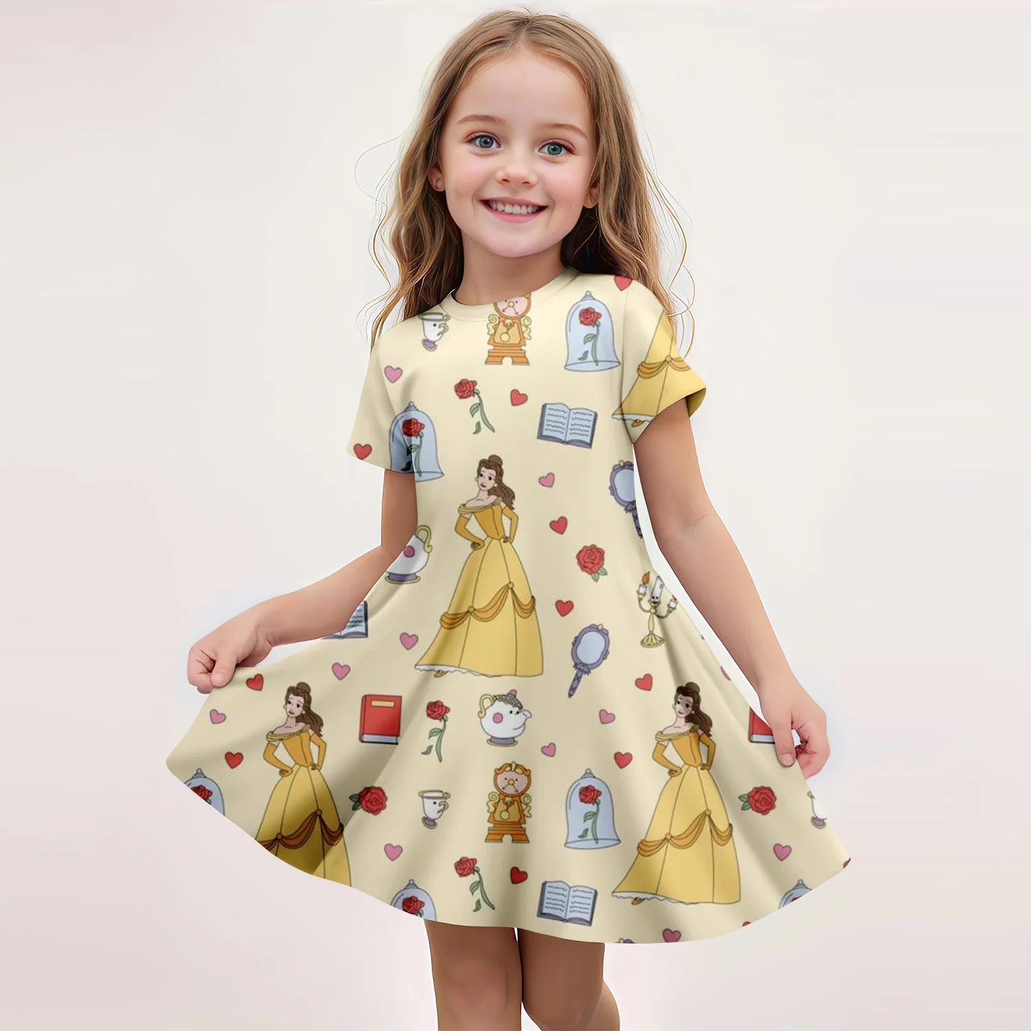 

Potdemiel Summer Children's New Fashion Girl Dress Comfortable Cartoon Cute Disney Dress 3D Print Belle Princess Short Sleeved