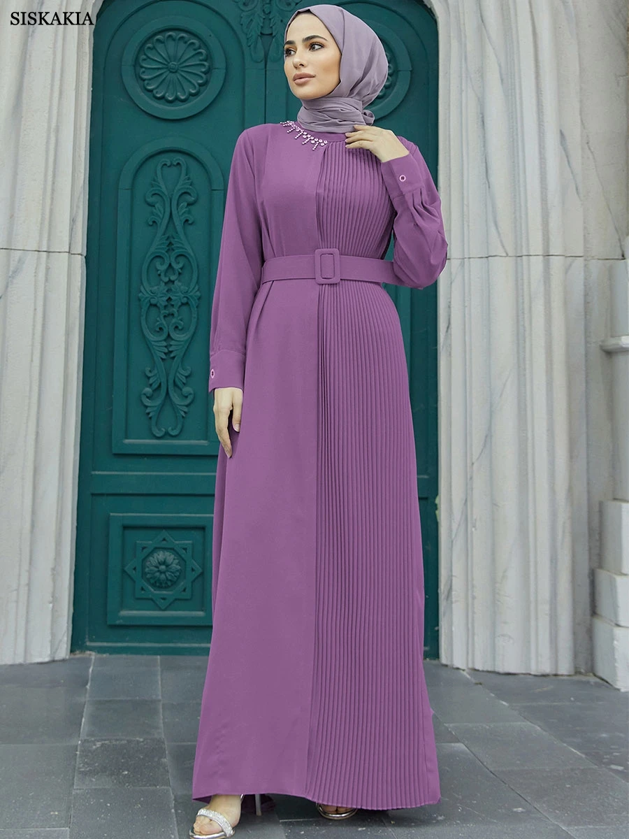 

Siskakia Draped Long Dress Beading For Dubai Muslim Woman Solid Long Sleeve Elegant Moroccan Saudi Stylish Abaya With Belt 2024