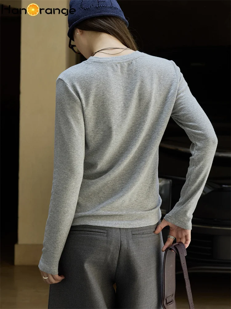 HanOrange 2026 Early Autumn O-Neck Bottom T-Shirt Women Soft Top White/Black/Grey/Coffee/Deep Snow Grey/Deep Red/Cream White