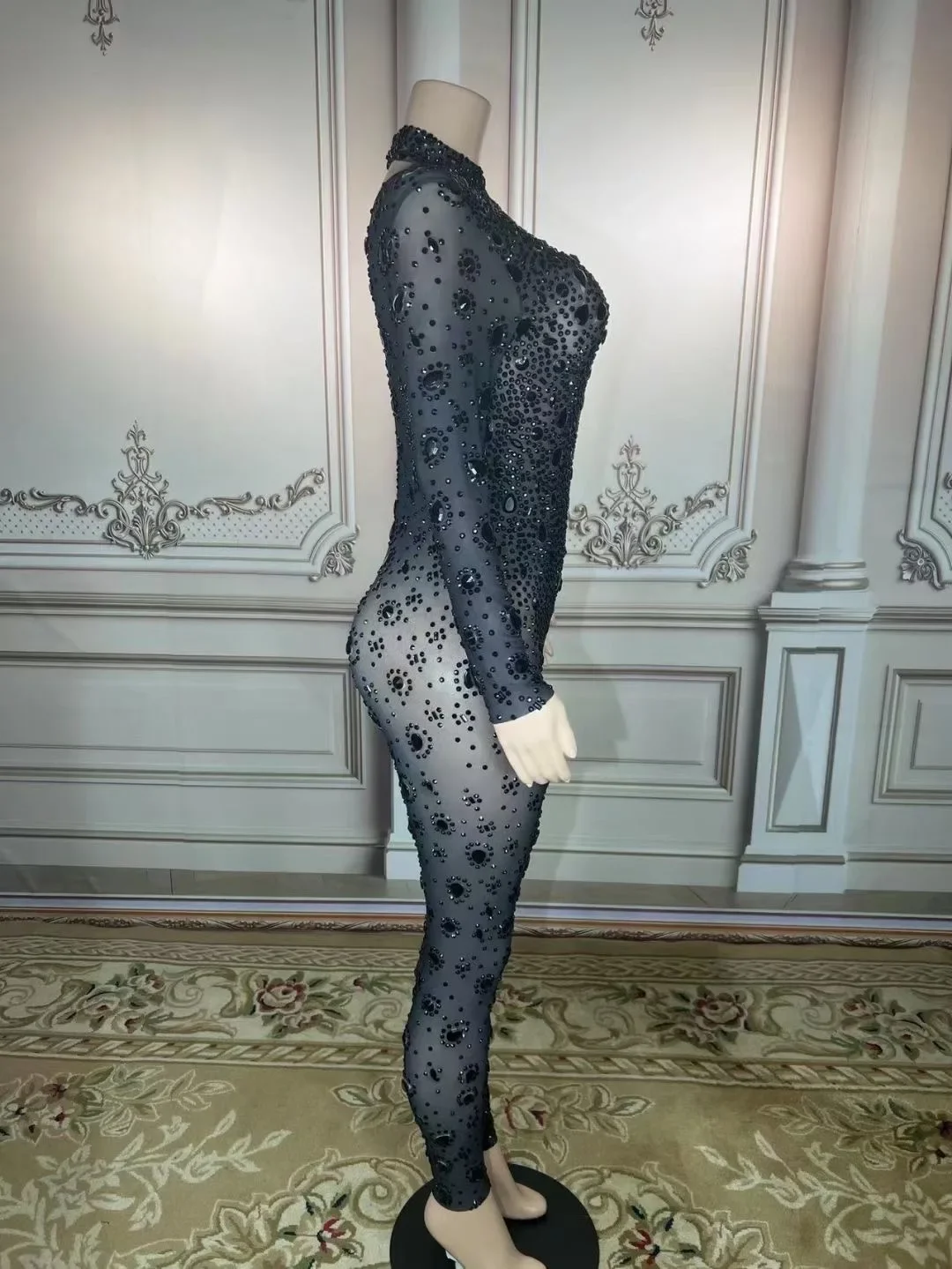 

Women Black Shining Rhinestones Crystal Sexy Long Sleeve Nightclub Party Drag Queens Jumpsuits Pole Prom Dance Stage Costumes