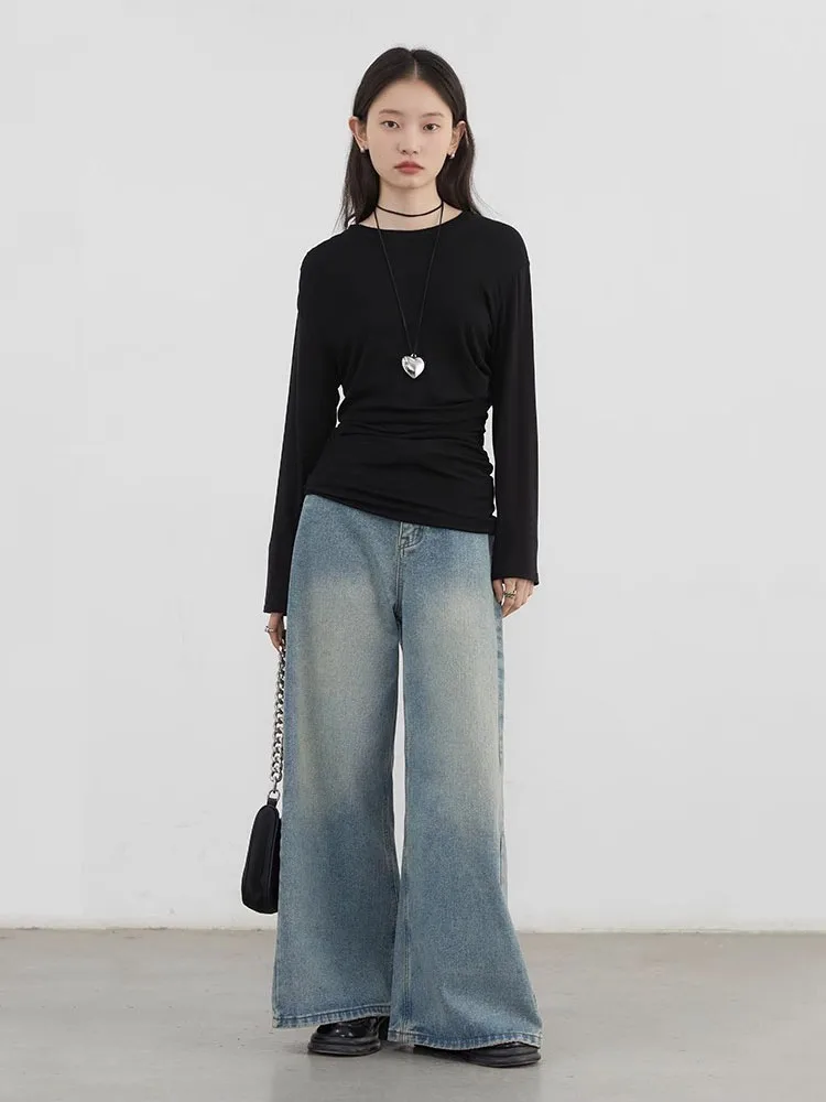 شيك فين تي شيرت حريمي سادة بأكمام طويلة فضفاض غير رسمي جديد رقبة مستديرة مطوي تي شيرت قاعدة سترة نسائية لربيع وصيف 2025