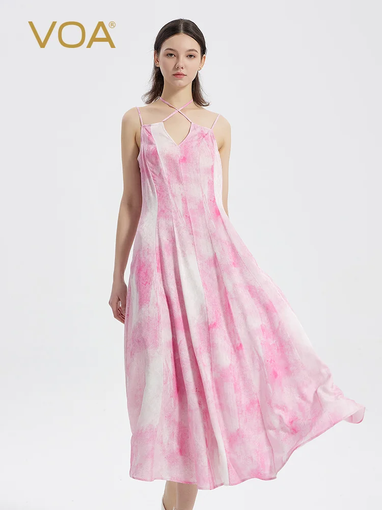 

VOA Jacquard Green V - neck Sleeveless Backless Slim Fit Ladylike Sling Silk Dress