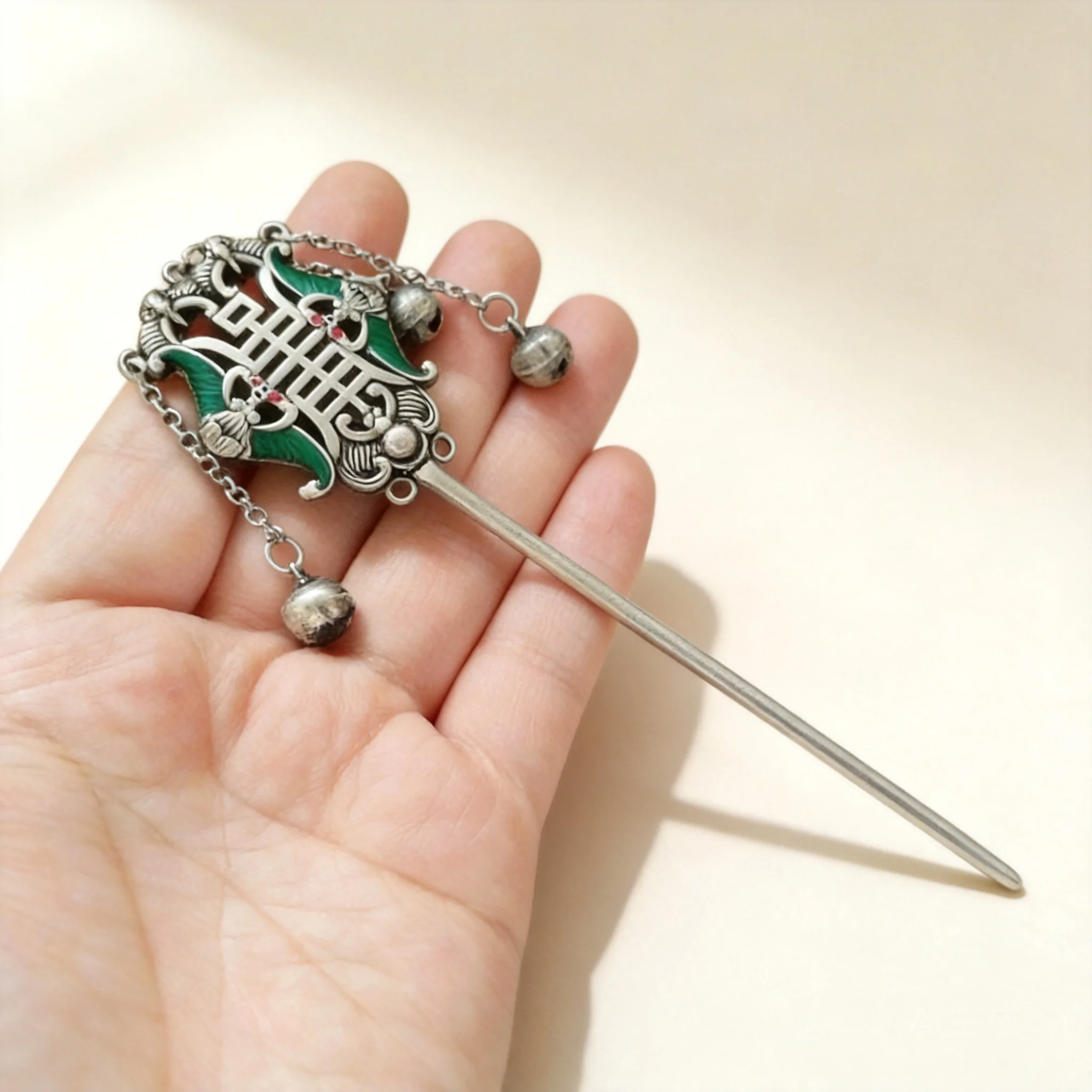 Vintage Chinese Auspicious Longevity Bat Cloisonne Enamel Antique Silver Tassel Bell Hairpin Lucky Blessing Hair Stick For Hanfu