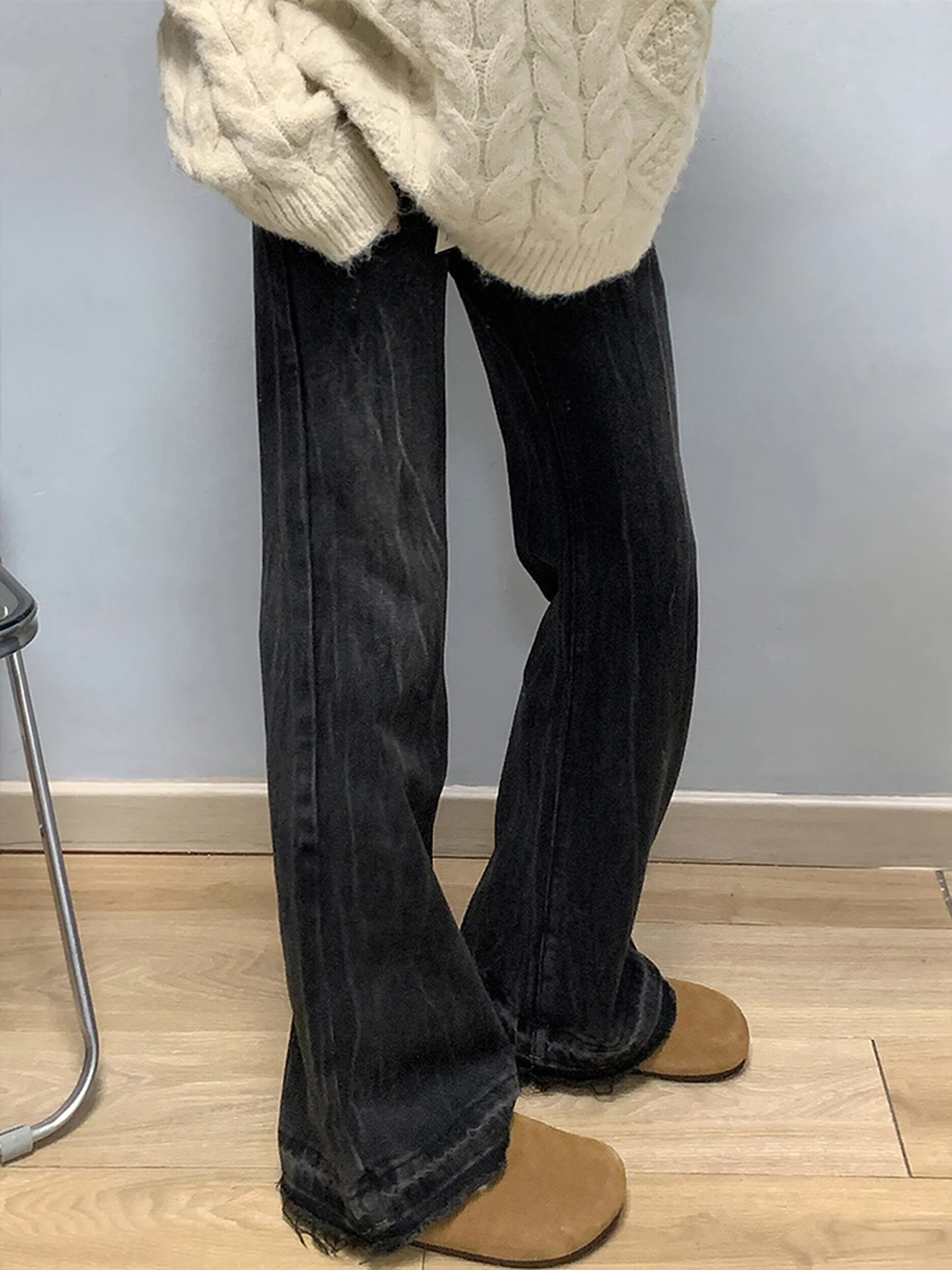 High Waist Flared Wide Leg Jeans Women's Bla ey Retro High Street Sle Autumn Winter Slimming Straight Cut Floor-Length