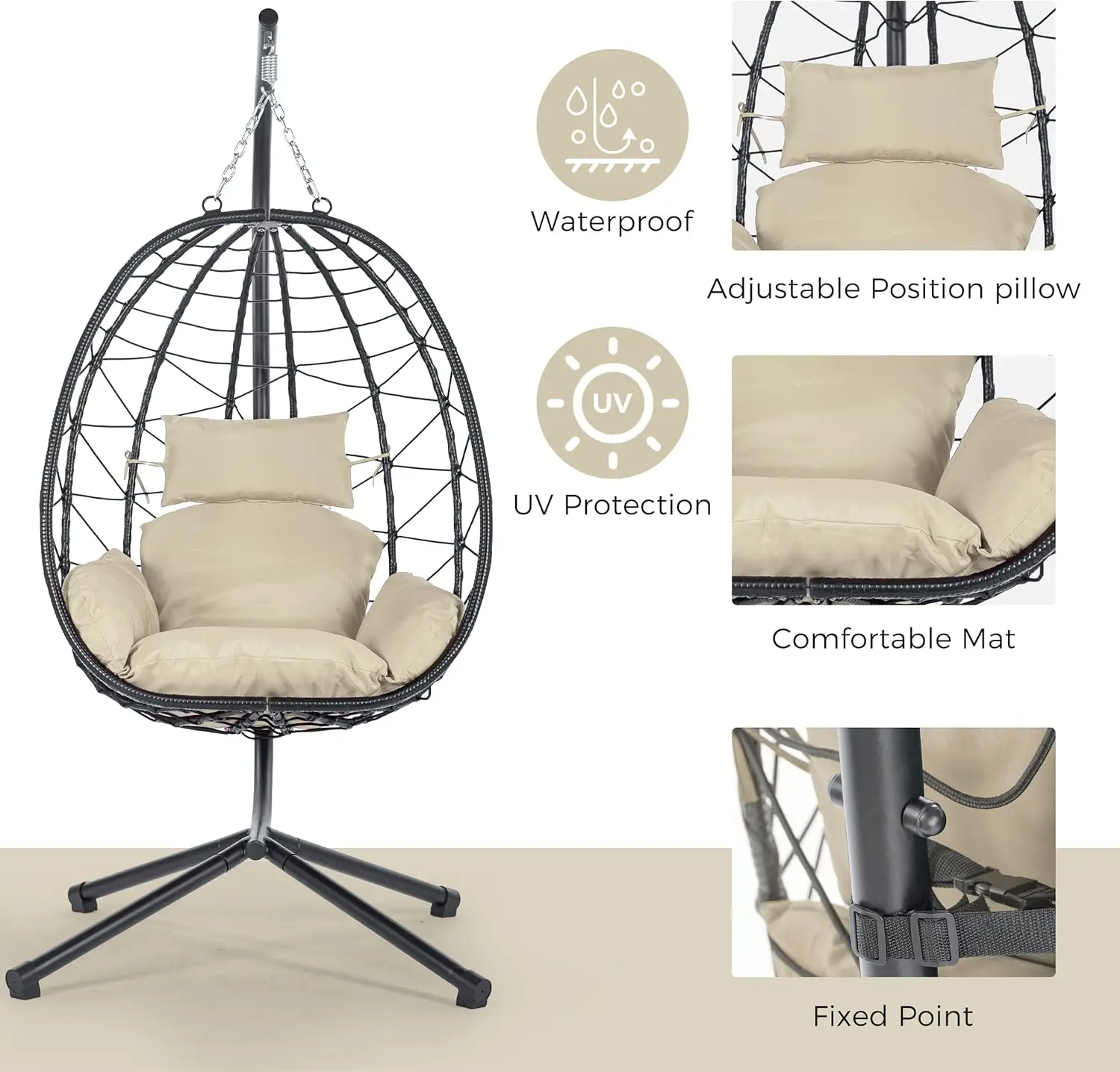 '77' كرسي أرجوحة على شكل بيضة داخلي/خارجي مع حامل، أرجوحة معلقة من الخيزران، إطار فولاذي، تحميل 350 رطل، بيج #6