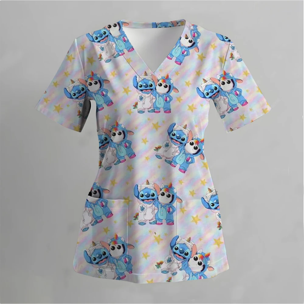 Lilo &Stitch Disney Summer Pocket New Woman T-shirts Hospital Nurse Uniform T-shirt Y2k V Neck Clothing Uniform Pocket Neck Y2k image 3