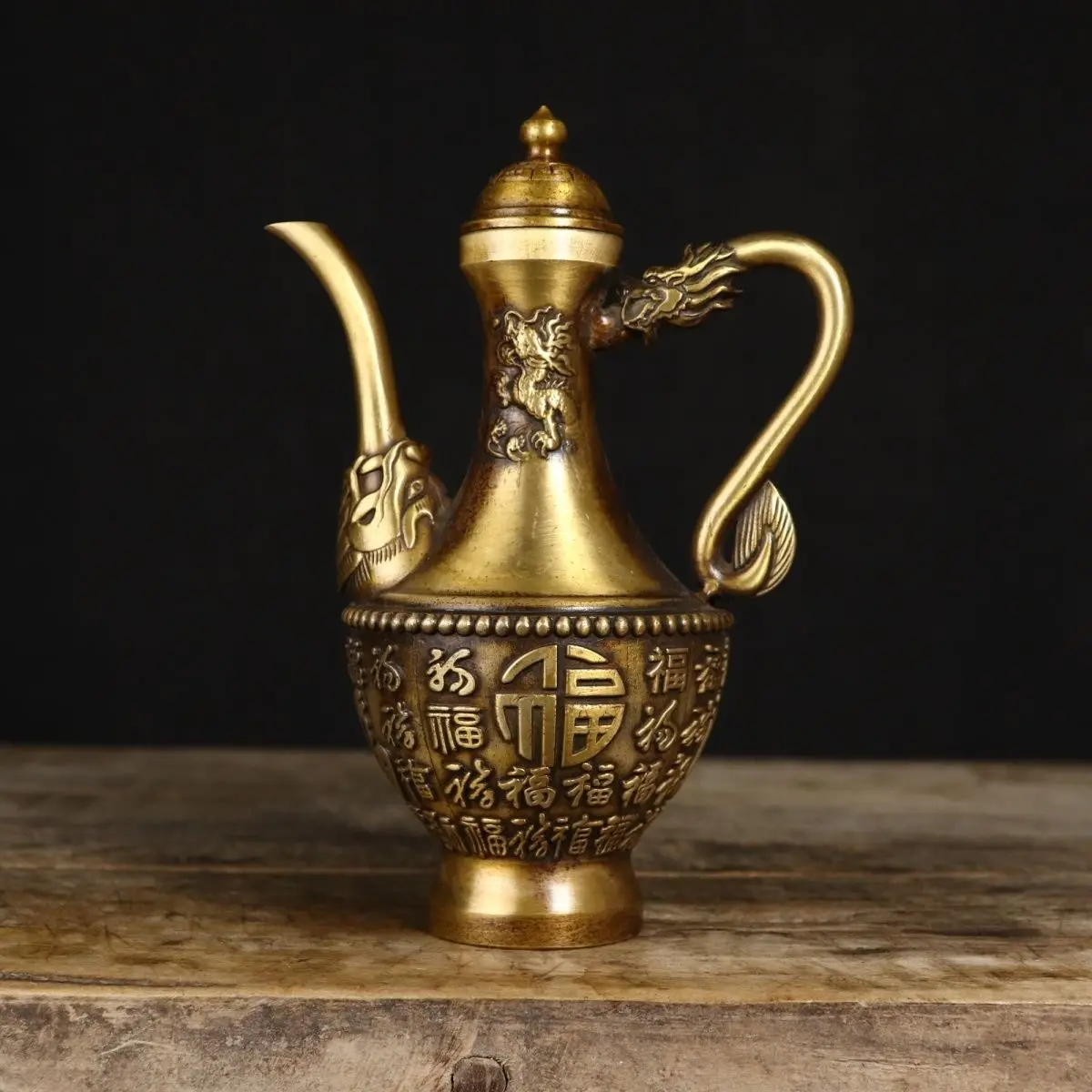 Retro Dragon handle hundred blessings picture Wine Pot Ornament Decoration Tea Pet Figurines Desk Decor Accessories